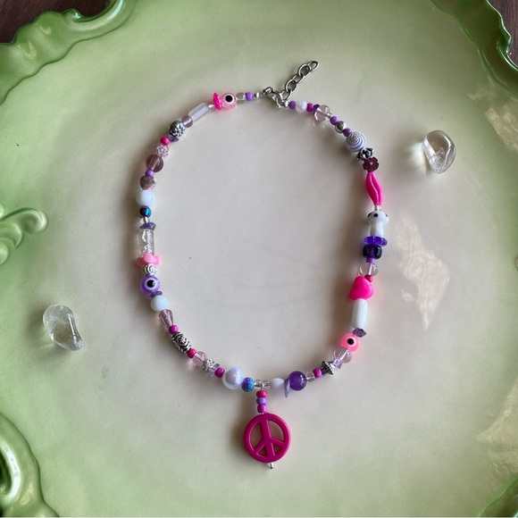 Peace of My Heart Beaded Pendant Necklace Silver Crystal Stone Evil Eye Heart - Picture 4 of 14